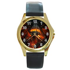 Dragon Fire Fantasy Art Round Gold Metal Watch