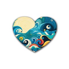 Waves Ocean Sea Abstract Whimsical Abstract Art Pattern Abstract Pattern Water Nature Moon Full Moon Rubber Heart Coaster (4 Pack)