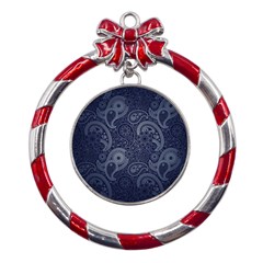 Blue Paisley Texture, Blue Paisley Ornament Metal Red Ribbon Round Ornament by nateshop