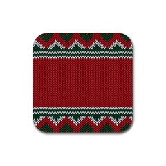 Christmas Pattern, Fabric Texture, Knitted Red Background Rubber Coaster (square) by nateshop
