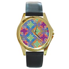 Colorful Floral Ornament, Floral Patterns Round Gold Metal Watch by nateshop