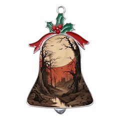 Comic Gothic Macabre Vampire Haunted Red Sky Metal Holly Leaf Bell Ornament