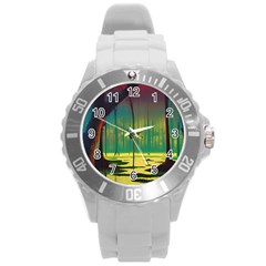 Nature Swamp Water Sunset Spooky Night Reflections Bayou Lake Round Plastic Sport Watch (l) by Posterlux