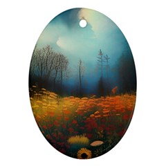 Wildflowers Field Outdoors Clouds Trees Cover Art Storm Mysterious Dream Landscape Ornament (oval) by Posterlux