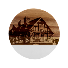Village House Cottage Medieval Timber Tudor Split Timber Frame Architecture Town Twilight Chimney Marble Wood Coaster (round) by Posterlux