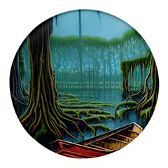 Boat Canoe Swamp Bayou Roots Moss Log Nature Scene Landscape Water Lake Setting Abandoned Rowboat Fi Round Glass Fridge Magnet (4 Pack) by Posterlux