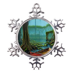 Boat Canoe Swamp Bayou Roots Moss Log Nature Scene Landscape Water Lake Setting Abandoned Rowboat Fi Metal Large Snowflake Ornament by Posterlux