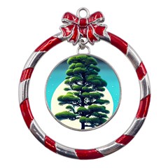 Pine Moon Tree Landscape Nature Scene Stars Setting Night Midnight Full Moon Metal Red Ribbon Round Ornament by Posterlux