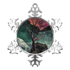 Night Sky Nature Tree Night Landscape Forest Galaxy Fantasy Dark Sky Planet Metal Small Snowflake Ornament by Posterlux