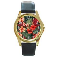 Tropical Flower Bloom Round Gold Metal Watch