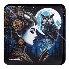 Steampunk Woman With Owl 2 Steampunk Woman With Owl Woman With Owl Strap Square Glass Fridge Magnet (4 Pack)