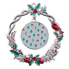 House Trees Pattern Background Metal X mas Wreath Holly Leaf Ornament by Maspions