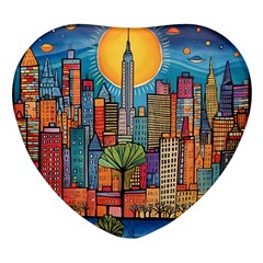 City New York Nyc Skyscraper Skyline Downtown Night Business Urban Travel Landmark Building Architec Heart Glass Fridge Magnet (4 Pack) by Posterlux