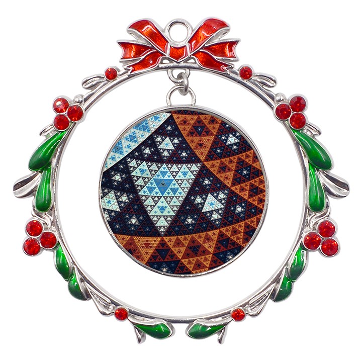 Fractal Triangle Geometric Abstract Pattern Metal X mas Wreath Ribbon Ornament