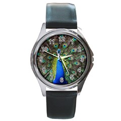 Peacock Bird Feathers Pheasant Nature Animal Texture Pattern Round Metal Watch