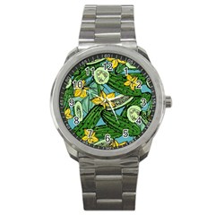 Seamless Pattern With Cucumber Slice Flower Colorful Hand Drawn Background With Vegetables Wallpaper Sport Metal Watch