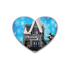 Winter Village Snow Brick Buildings Rubber Coaster (heart) by Azkajaya