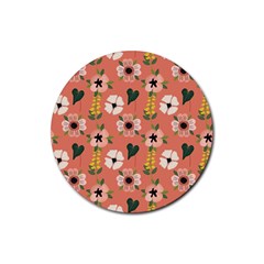 Flower Pink Brown Pattern Floral Rubber Coaster (round)