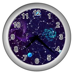 Realistic Night Sky Poster With Constellations Wall Clock (silver)