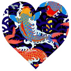 Koi Fish Traditional Japanese Art Wooden Puzzle Heart by Perong