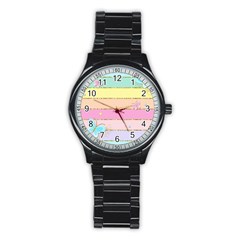 Pastel, Butterfly, Spring, Stripes, Stainless Steel Round Watch