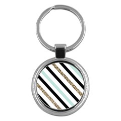 Pattern, Blue, Gold, Lines, Stripes Key Chain (round)