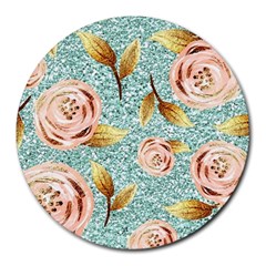 Rose Gold Roses, Girly, Glitter, Pretty, Rose Gold Round Mousepad