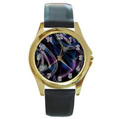 Multicolored Abstract Dynamic Shapes Print Round Gold Metal Watch