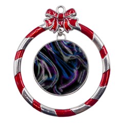 Multicolored Abstract Dynamic Shapes Print Metal Red Ribbon Round Ornament