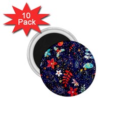 Festive Floral Pattern Christmas Blue Floral Flower Foliage Leaves Pattern Red Snow Winter 1 75  Magnets (10 Pack) 