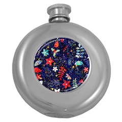 Festive Floral Pattern Christmas Blue Floral Flower Foliage Leaves Pattern Red Snow Winter Round Hip Flask (5 Oz)