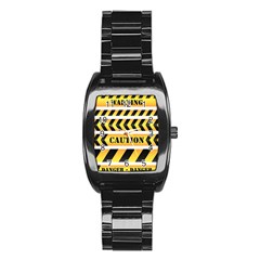 Caution Road Sign Warning Cross Danger Yellow Chevron Line Black Stainless Steel Barrel Watch