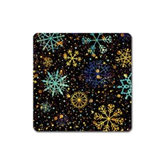 Gold Teal Snowflakes Gold Abstract Christmas Square Magnet