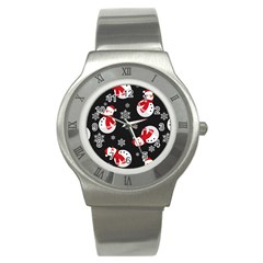 Christmas Texture, Retro Background With Snowmen Stainless Steel Watch