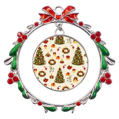 Christmas Pattern, Pattern, Christmas, Trees Metal X mas Wreath Ribbon Ornament